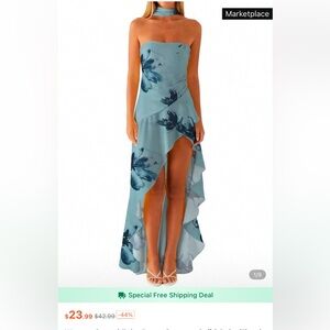 Blue Asymmetrical Ruffled Maxi Dress